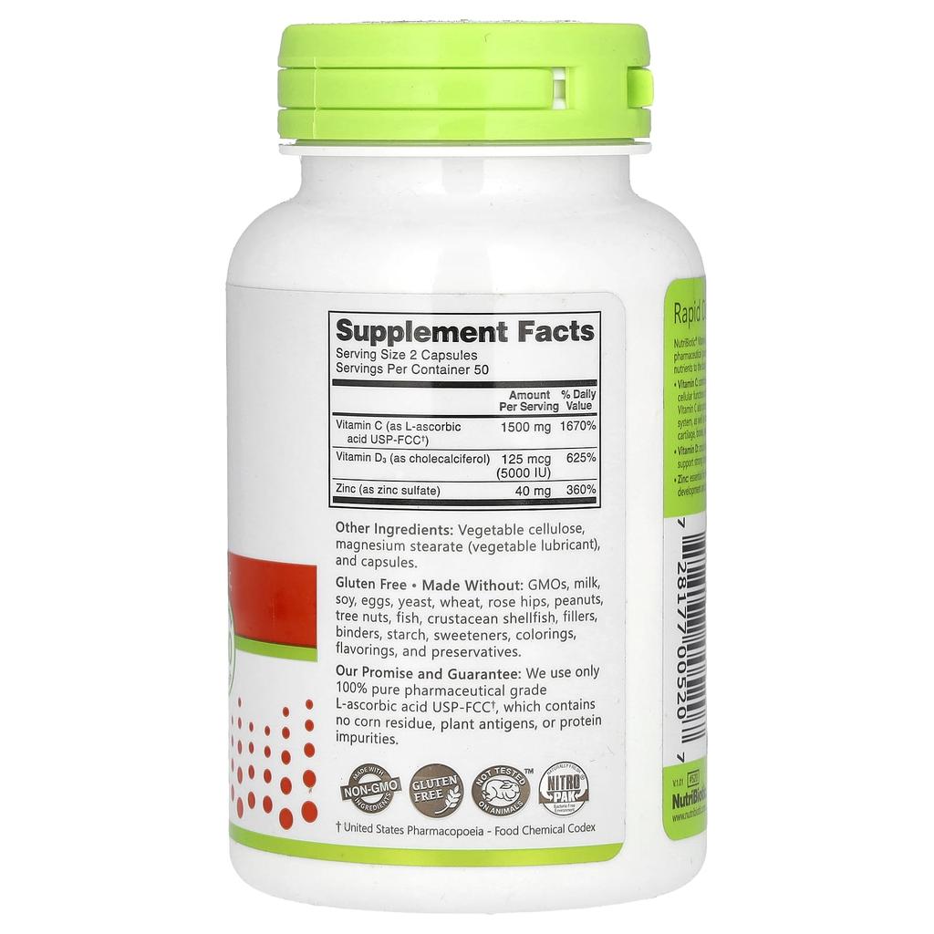 NutriBiotic, Immunity, Vitamin C + D3 & Zinc, 100 Capsules