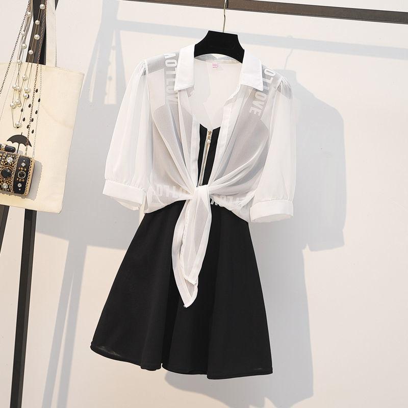 Женский летний костюм большого размера, черное платье-майка, женские модные солнцезащитные рубашки, комбинезон на молнии с буквенным принтом, комплект из двух предметов