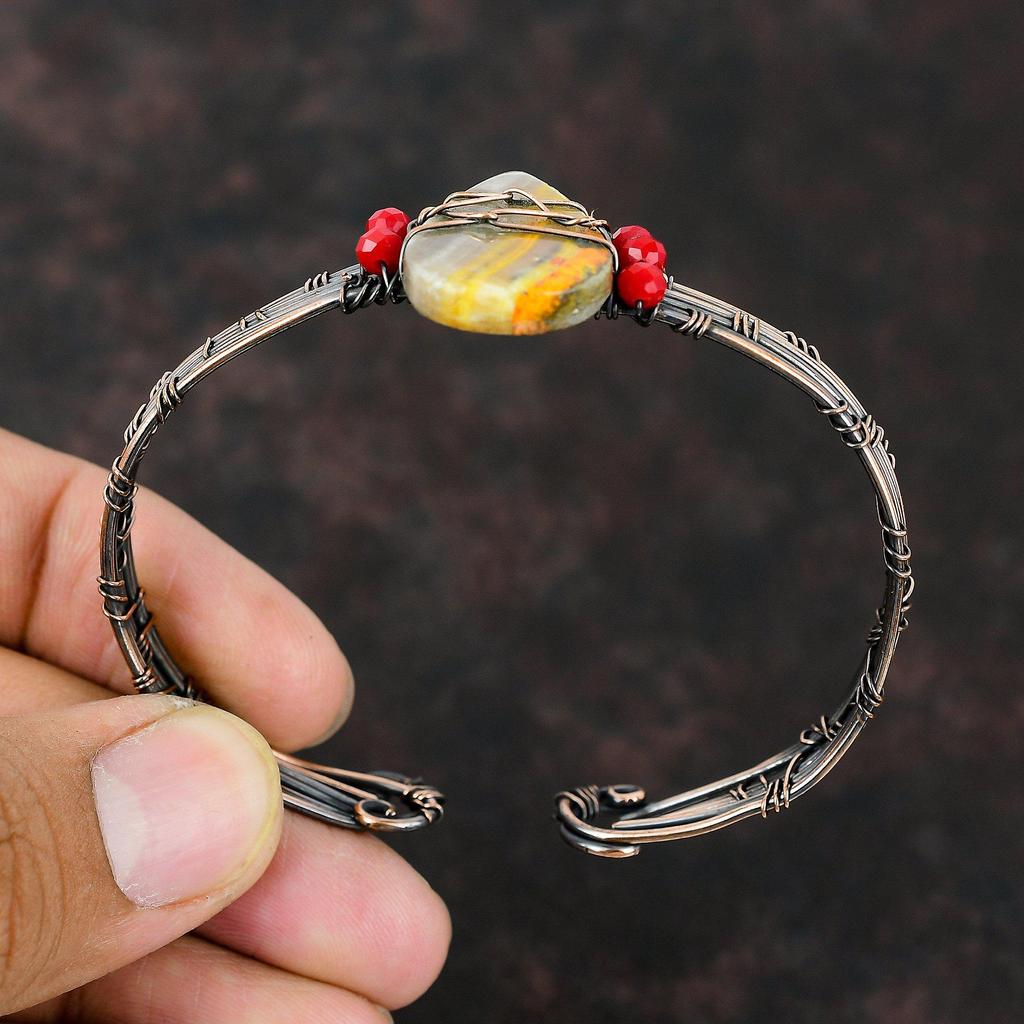 Браслет-манжета из яшмы шмеля, медный браслет из красных коралловых бусин, браслет из медной проволоки, регулируемый браслет-манжета ручной работы с драгоценными камнями для подарка