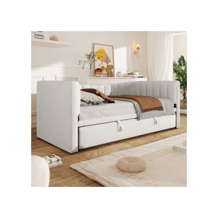 Lit de jour - MUVOE - 90 x 200 cm - Velours blanc - Lit gigogne - Minimaliste