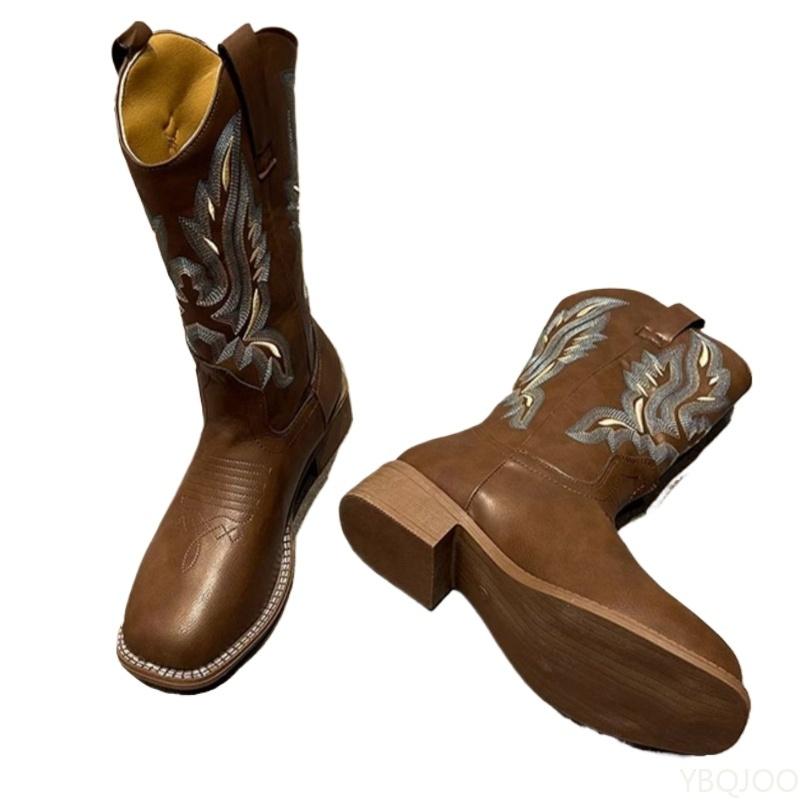 Модные Универсальные Ретро Весенне-Летние Ботильоны на Грубом Каблуке с Вышивкой, Средней Высоты Голенище, Квадратный Носок, Большой Размер, Простые Удобные Универсальные Ботинки