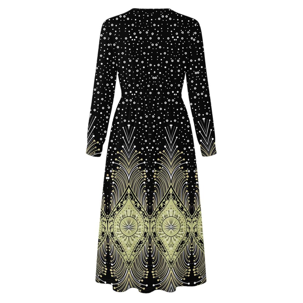 Dress For Women Long Boho Beach Dress Elegant Maxi Dress V-Neck Long Sleeve Dress With Pockets