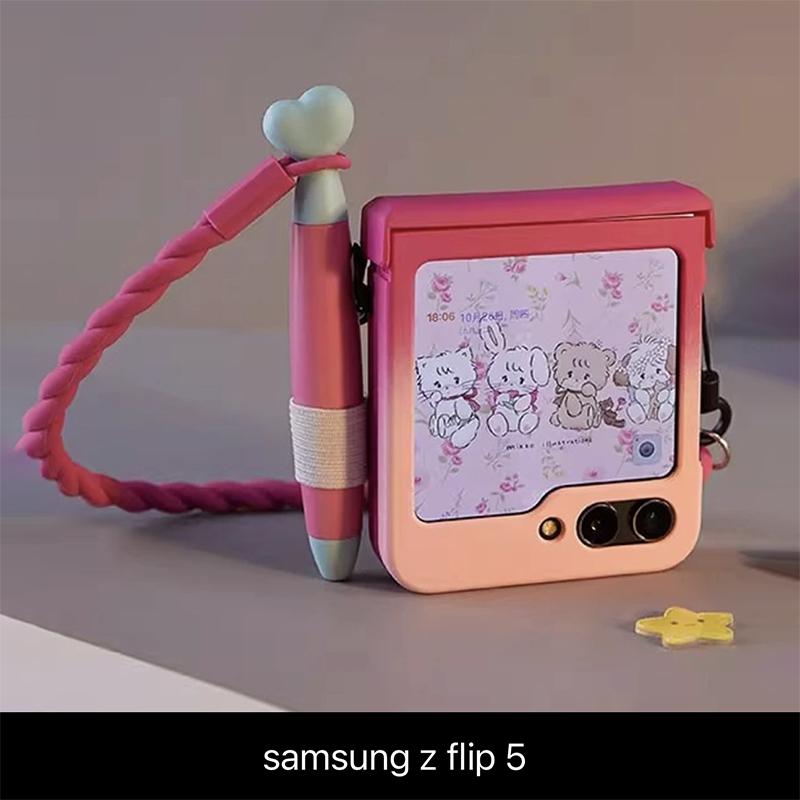 Для Samsung z flip5 Чехол Милый Чехол для Телефона для Samsung Galaxy Z Flip5 со Стилусом, Кавайные Чехлы z flip 5 3D Мечтательный Кролик Градиент Красный Розовый Цветной Чехол
