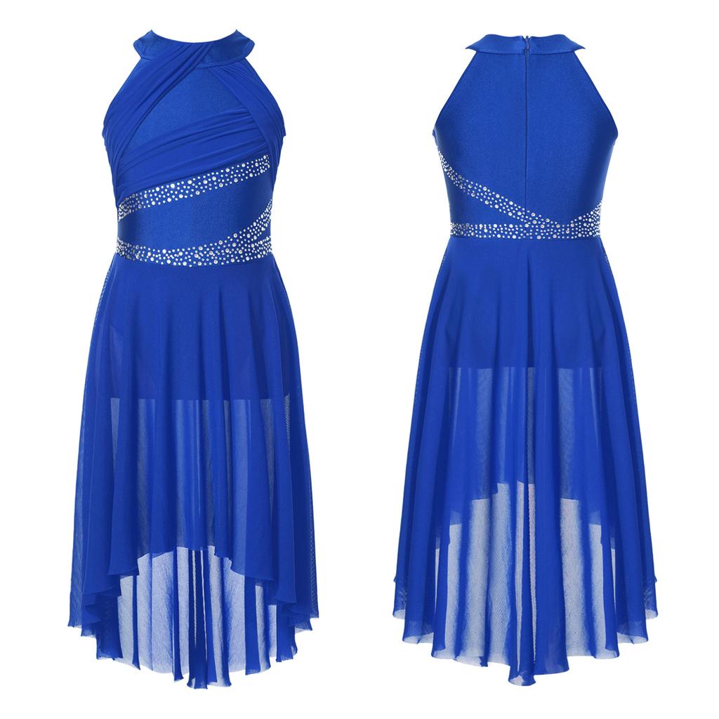 Детское лирическое платье для латинских танцев для девочек, купальник без рукавов со сверкающими стразами и рюшами, балетная танцевальная одежда