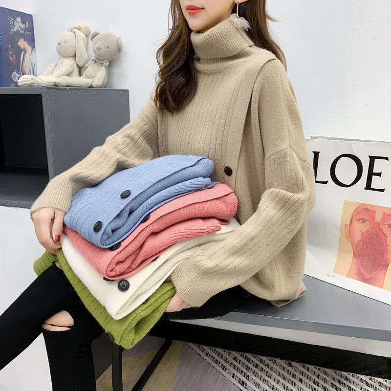 Однотонный свитер, женский свободный верх, комплект ленивого ветра, высокий воротник, корейская версия утолщенных вязаных топов