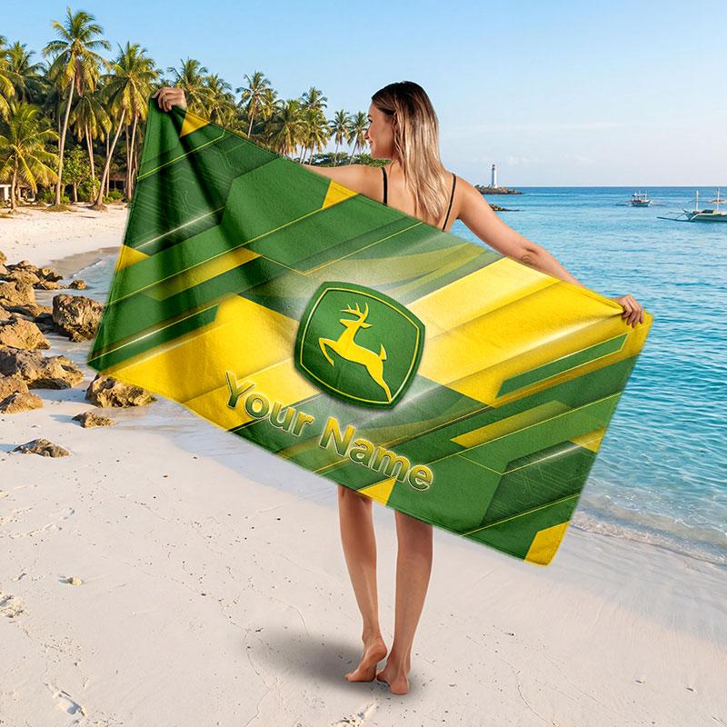 John Deere Customized Name Text Beach Towel, Soft Absorbent Towel Beach Pool Travel Personal Gift