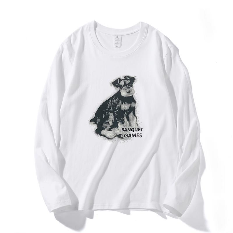 Women's Versatile White Cotton Long Sleeve Puppy Cartoon T-Shirt