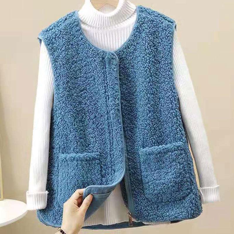 Женский жилет из овечьей шерсти на молнии, осенне-зимний - утолщенный меховой жилет
