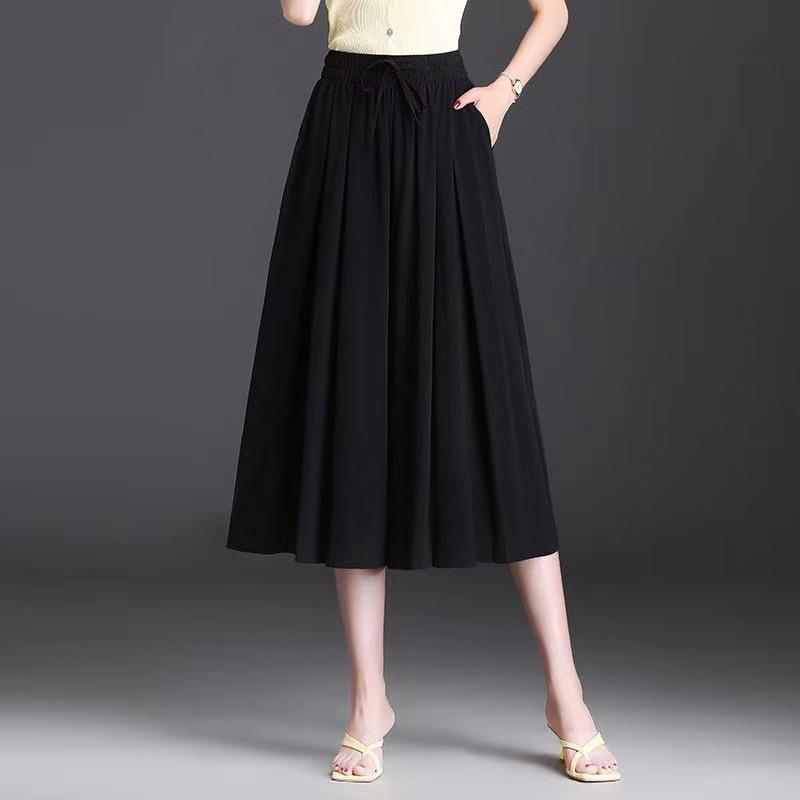 Брюки из ледяного шелка с широкими штанинами, высокой талией и драпирующимся эффектом, летние тонкие женские брюки, повседневные брюки-кюлоты для среднего возраста