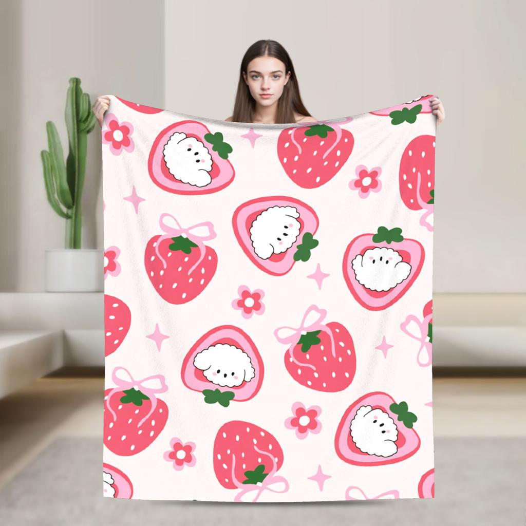 Pink Strawberry Print Flannel Blankets Warm Soft Bedding Throws for Outdoor Picnic Novelty Bedspread Sofa Bed Cover