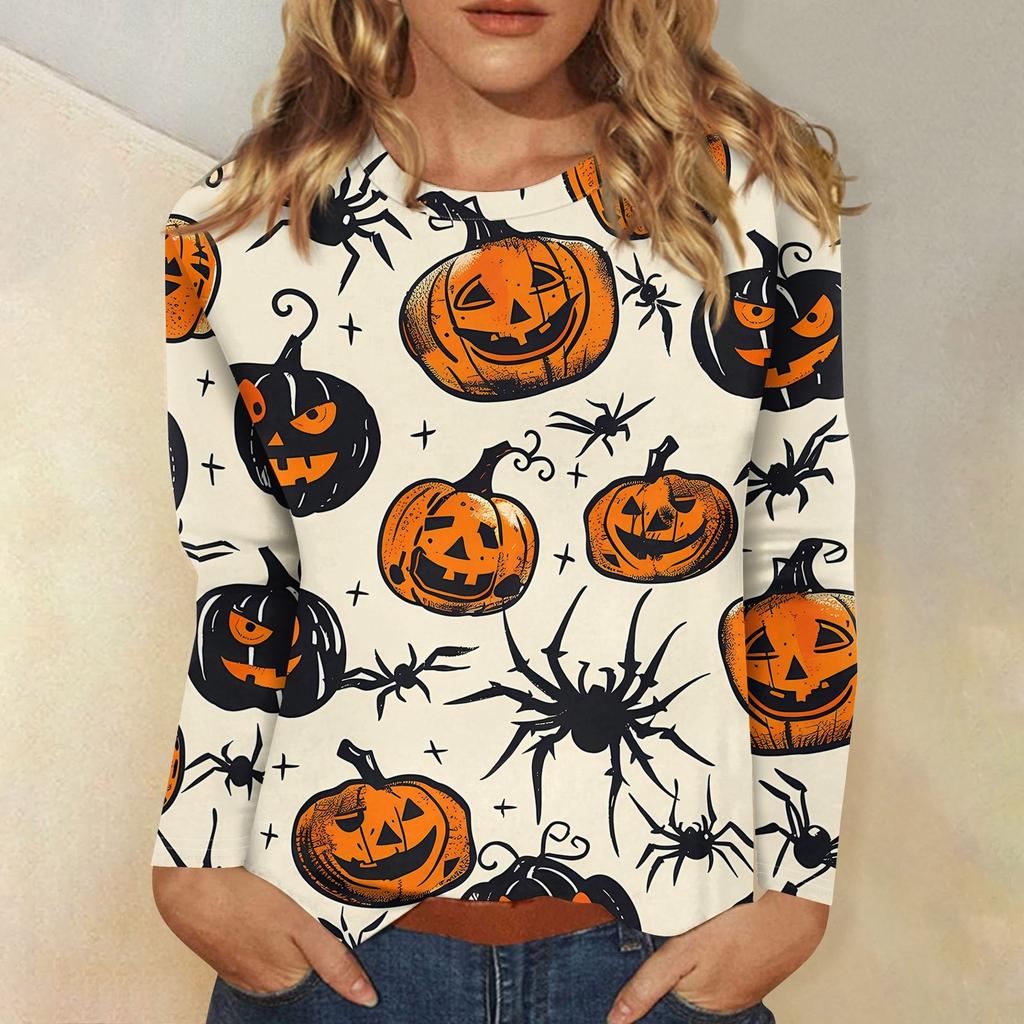 Women's Fashion Casual Halloween Printed Round Neck Long Sleeve Pullover Top