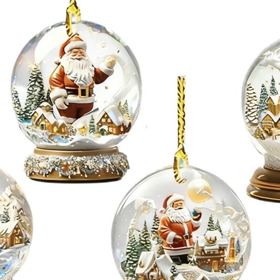 4Pcs Christmas Santa Glass Ball Ornament Winter Holiday Party Xmas Tree Hanging 2D Acrylic Santa Claus Snow House Ball Decoration