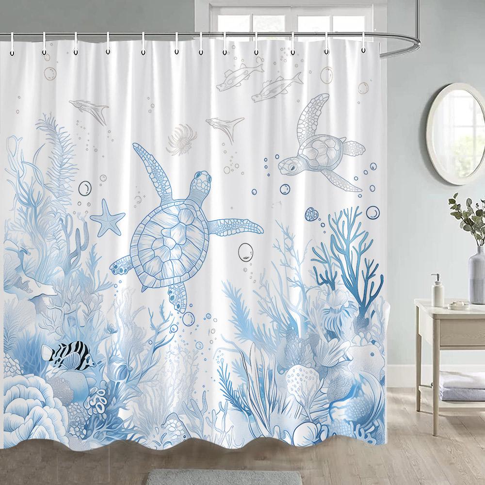 Sea Turtle Shower Curtains Watercolour Ocean Animals Fish Coral Water Plants Underwater Scenery Home Bathroom Curtain Decor Set