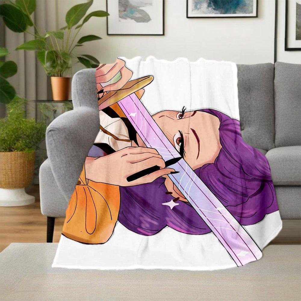 "Magical Sword Art Print: Purple Hair Warrior with Sparkling Blade"Blanket Lightweight Flannel Throw Blanket for Sofa, Bed, Travel, Camping,