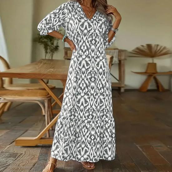 Женское весенне-осеннее платье с V-образным вырезом, свободные до щиколотки с половиной рукавом, соответствующий цвету, лоскутный пуловер с принтом, трапециевидной формы, большие качели, мягкое женское платье макси