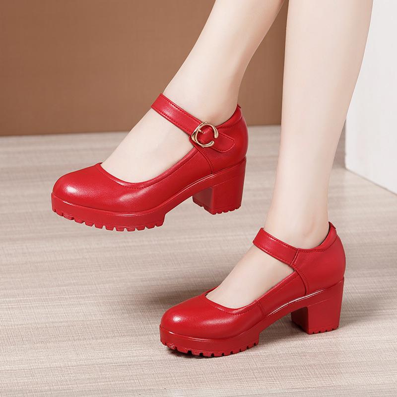 Мода Размер 32-43 Серебряные Красные Свадебные Туфли Мягкая Коровья Кожа Женские Туфли на Толстом Высоком Каблуке Массивные Туфли-Лодочки на Платформе Комфорт Женские Офисные Туфли