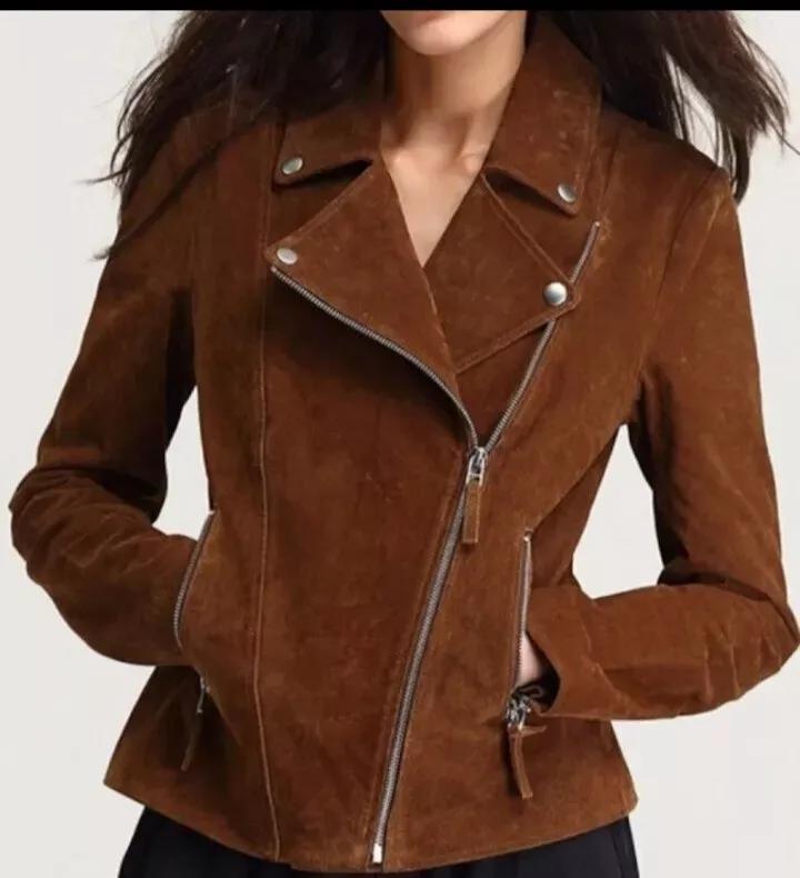 Brown Women's Suede Leather Jacket Western Style Handmade Casual Biker Fashion