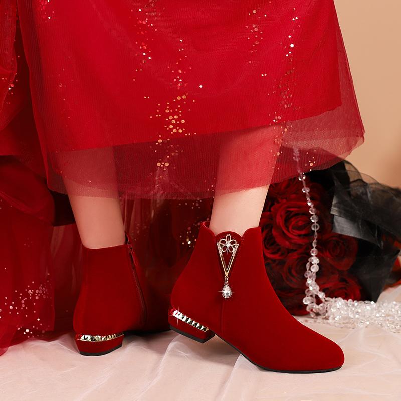 Свадебные красные туфли зимние Xiuhe толстый каблук свадебное платье китайские свадебные туфли женские сапоги свадебные туфли на высоком каблуке 2024 новый красный