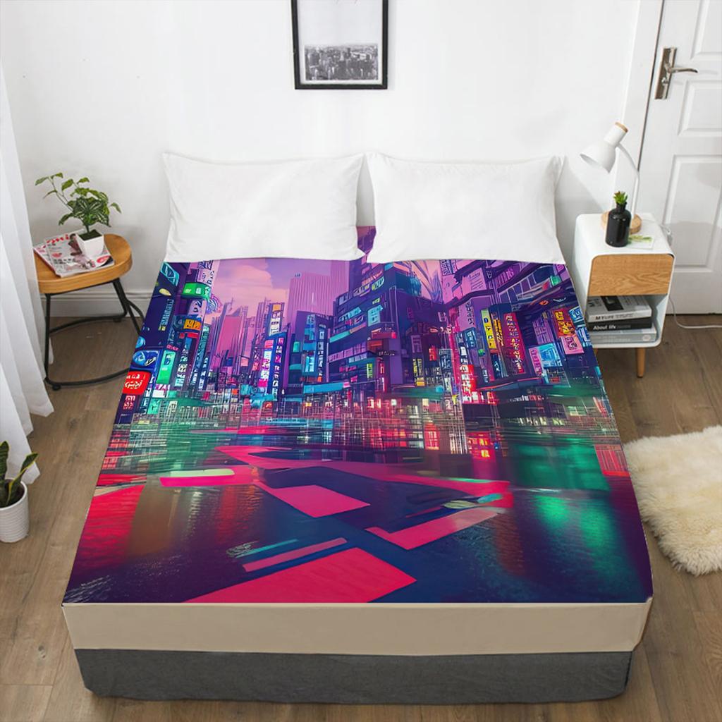 Домашний текстиль Простыня на резинке с узором «Городская ночь» Чехол для матраса с 3D-принтом Простыня с эластичной резинкой Постельное белье Отдельный предмет