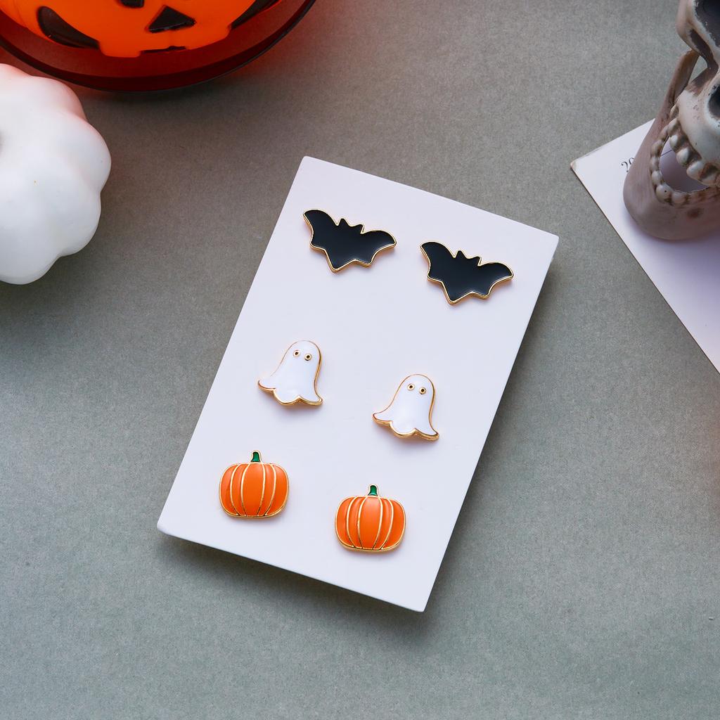 Gothic Pumpkin Spider Bat Stud Earrings Necklace Ring Set for Women Halloween Statement Jewelry Gift Set Party Accessories