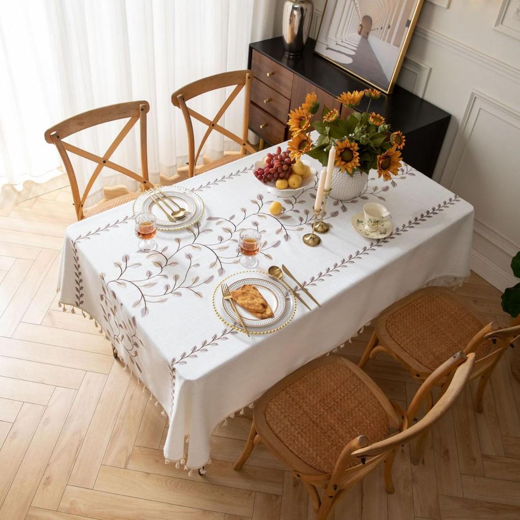 Jiexin European Style Embroidered Tablecloth - Coffee Leaves Design for Home Decor