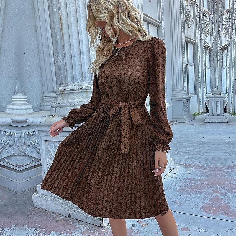 Women's O Neck Long Sleeves Fall Lace Up Print High Waist All Match Dress