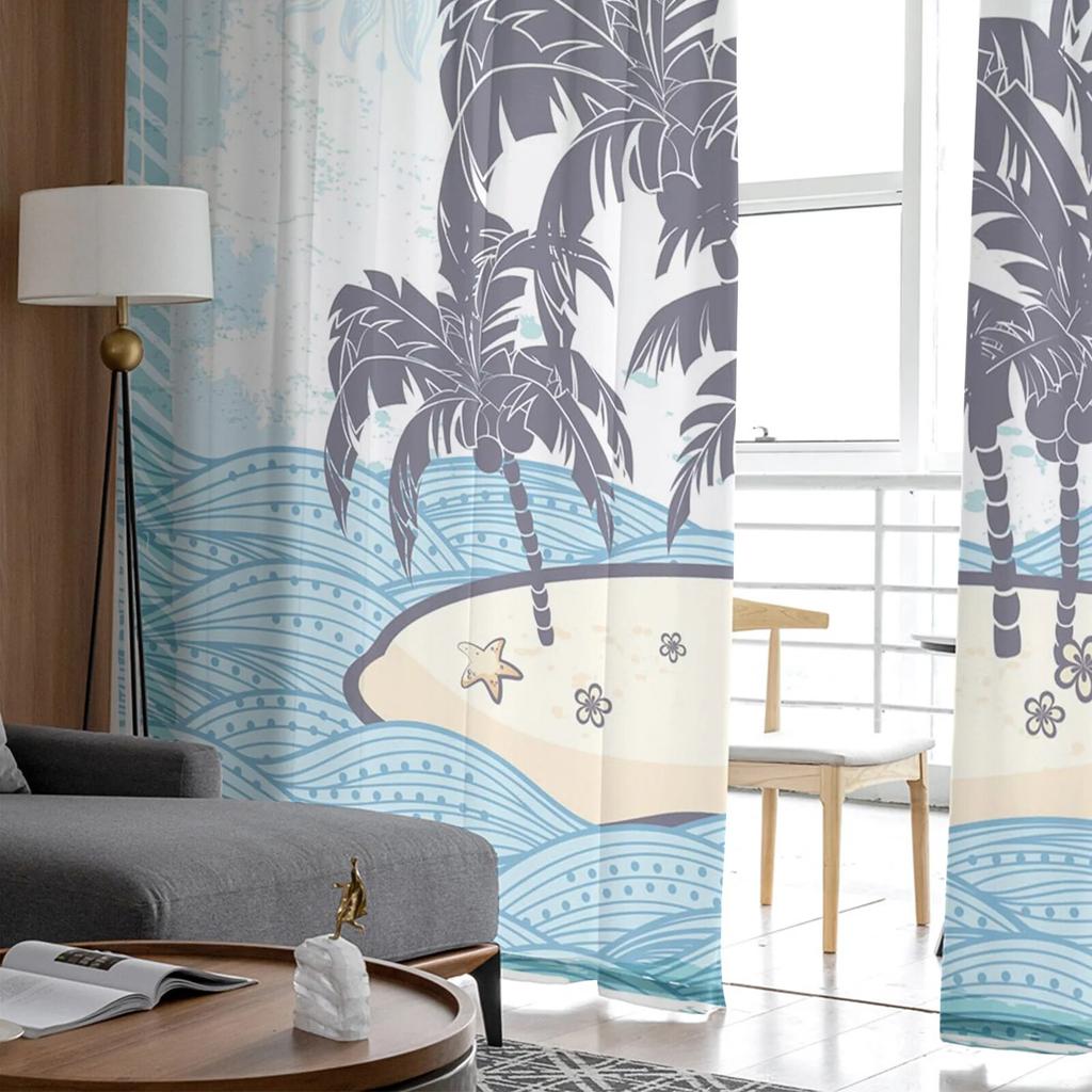 Hawaii Sea Island Tulle Curtains for Living Room Bedroom Sheer Curtain for Balcony Hall Fashion Printed Home Drapes