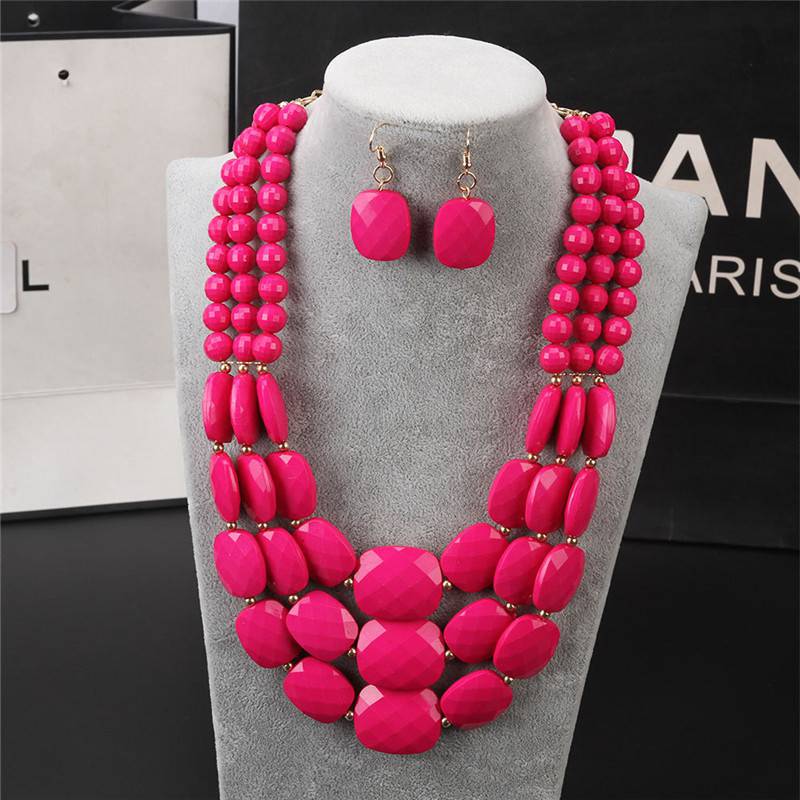 1Set Statement Bib Beaded Multilayer Necklace Women Chunky Earrings Simple Colorful Boho Jewelry Gift