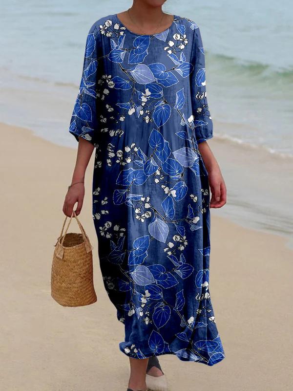 2025 Women's Retro Floral Print Long Sleeve Midi Dress - European & American Vintage Style