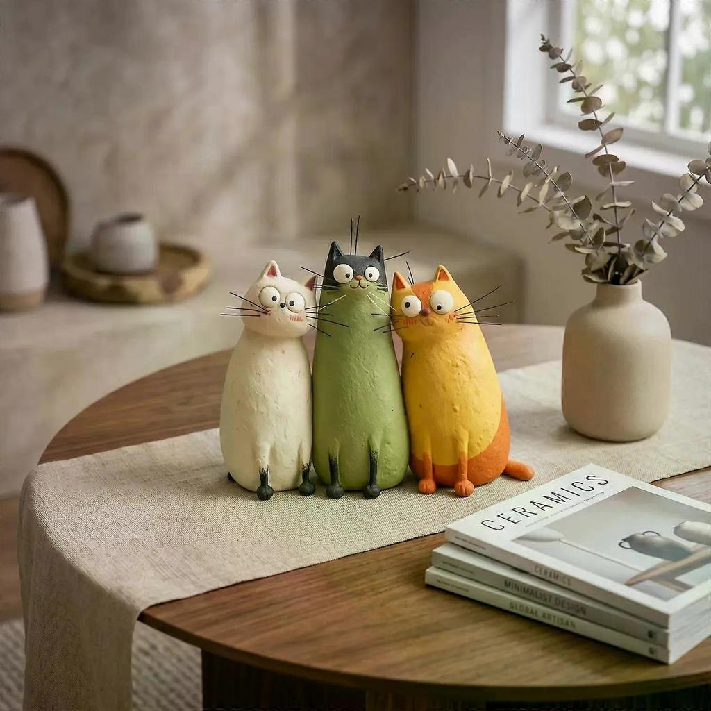 3Pcs Handmade Cat Figurine Set, Cute Kitten Desktop Ornament, Creative Home Office Shelf Decoration, Lovely Cat Lover Gift Box Set