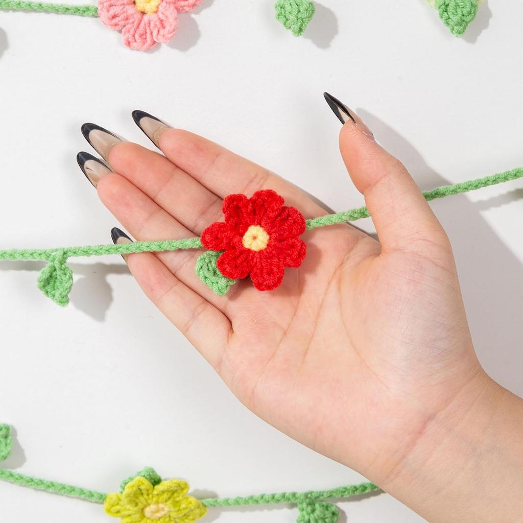 Handmade Crochet Flower Garland, Knitting Wool Spring Bunting Floral Ornaments, Colorful Flower Hanging Garland for Boho 1st Birthday Party Supplies,
