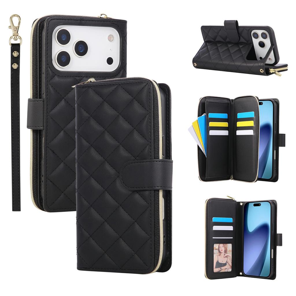 For iPhone 17 Pro Max Case Zipper Wallet Rhombus PU Leather Crossbody Phone Cover