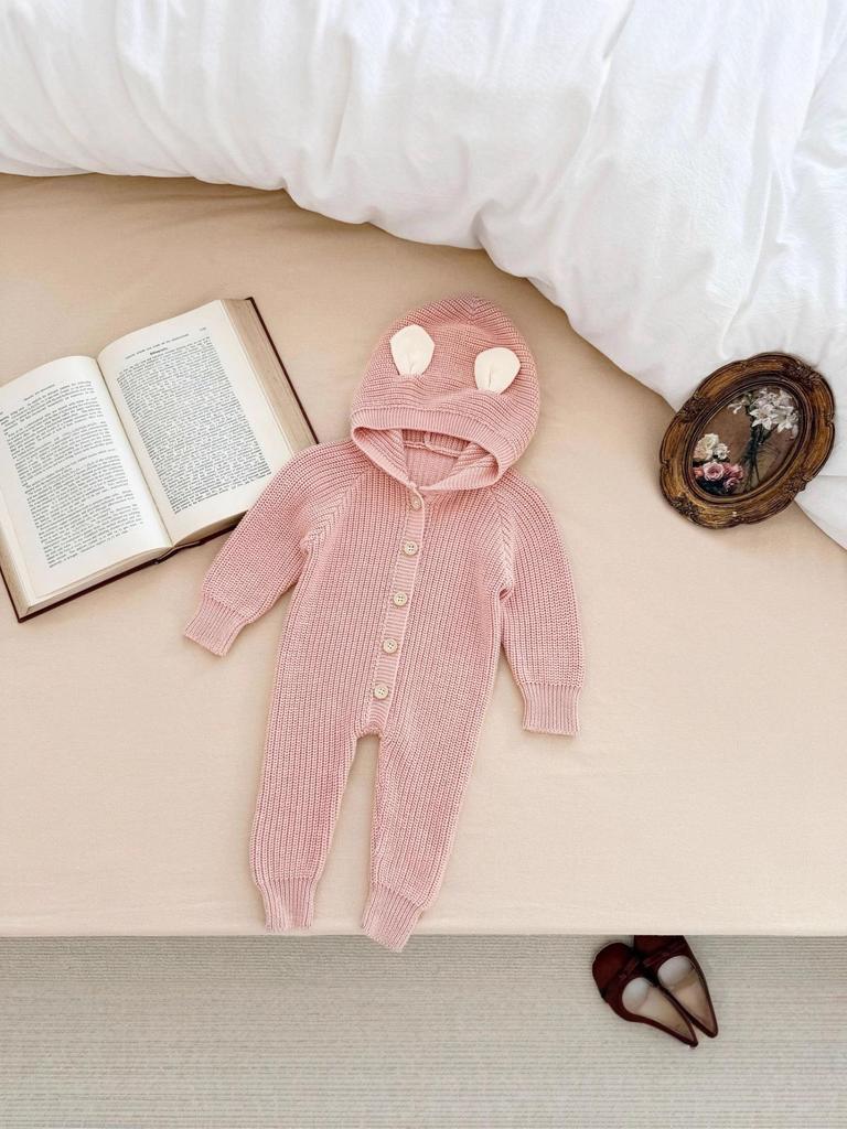 Корейский стиль Унисекс Детский ромпер с капюшоном с ушками кролика - Осенне-зимний хлопковый костюм