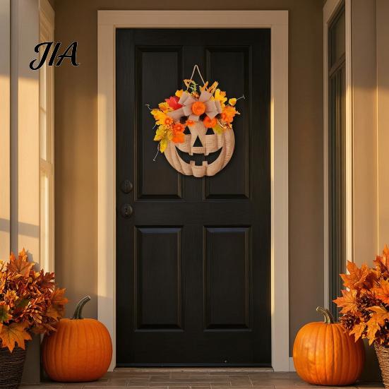 Festival Seasonal Ornament for Kitchen Wooden Pumpkin Halloween Door Sign with LED Lights, Artificial Floral Hanging Decorative Pinecones Fireplace