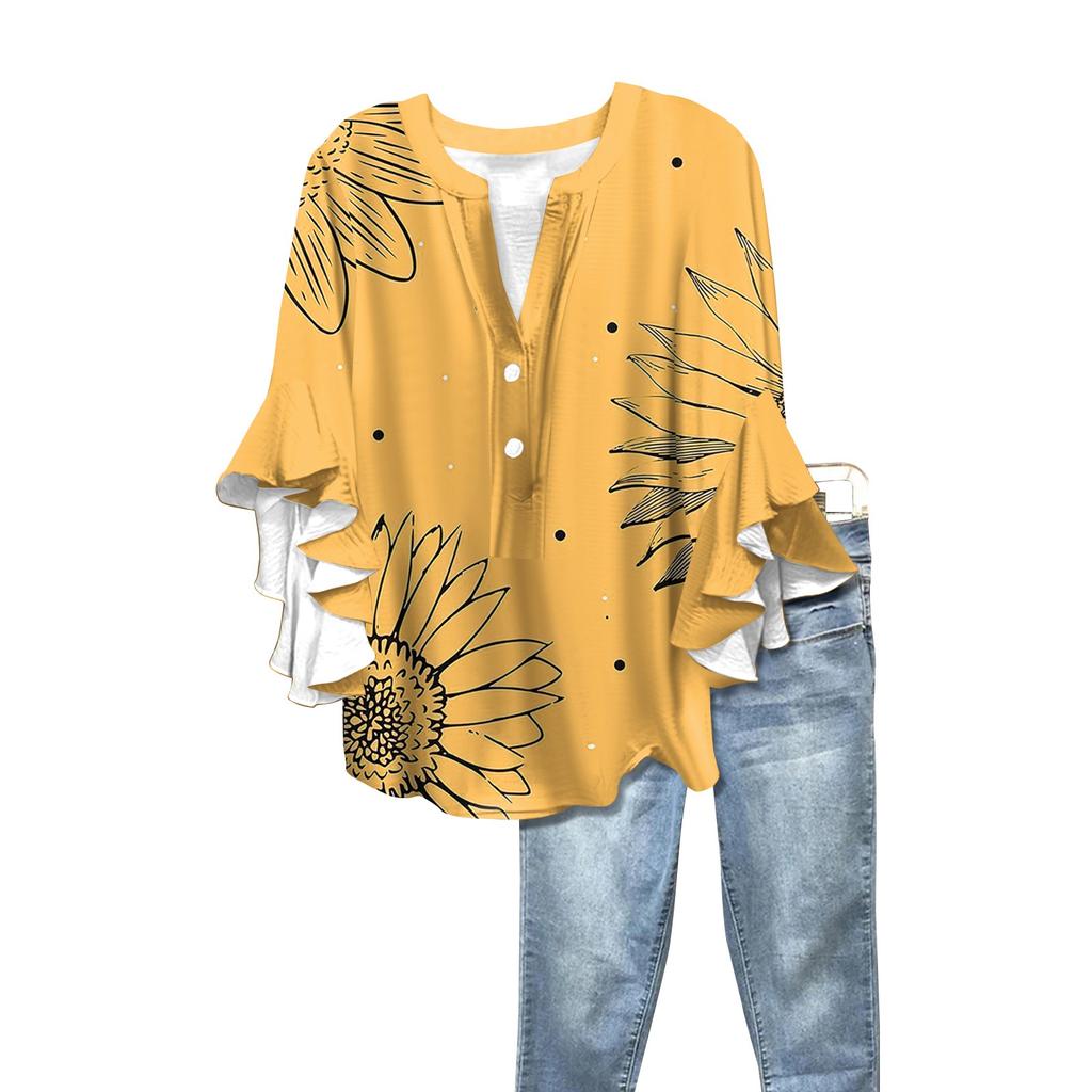 Summer Women's Tops V-Neck Seven Sleeve Shirt Spring Summer Floral Printed Tops Casual Shirt