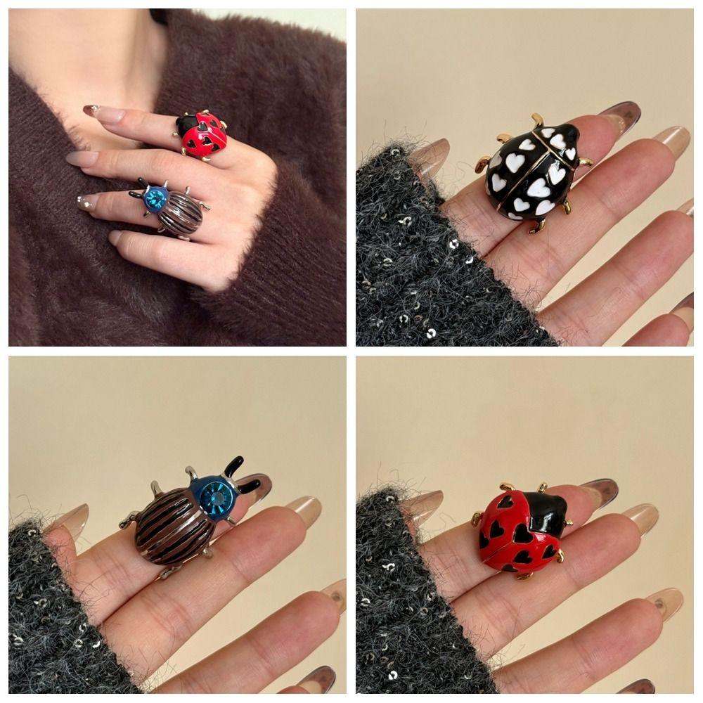 Insect Painting Ring Geometric Chunky Enamel Ring Personality Ladybird Drip Oil Ring  Decoration