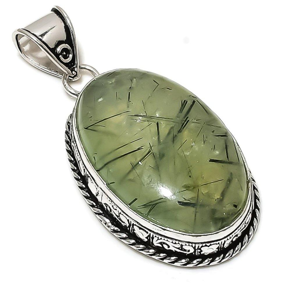 Natural Moss Prehnite Gemstone 925 Sterling Silver Gift Pendant 2.29" U2e83