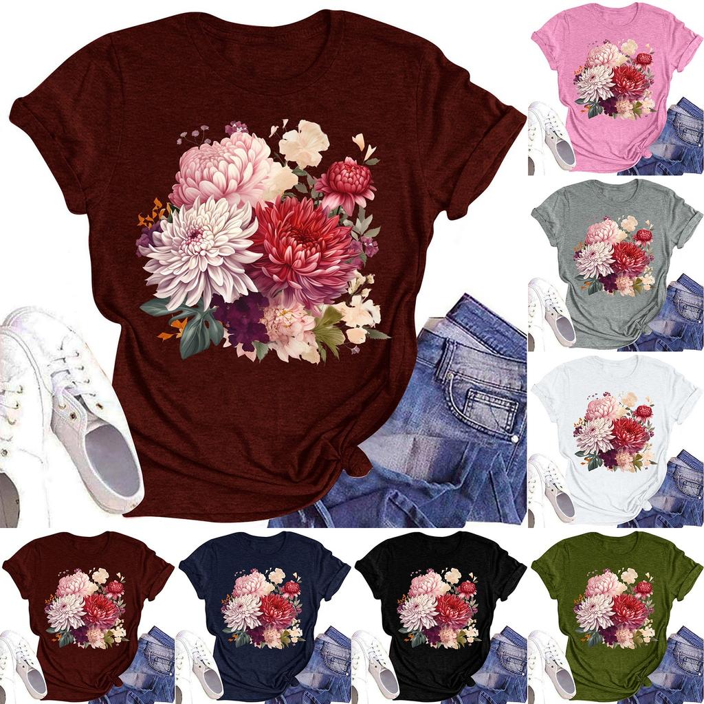 Women's Casual Round Neck Floral Print Short Sleeve T-Shirt Top