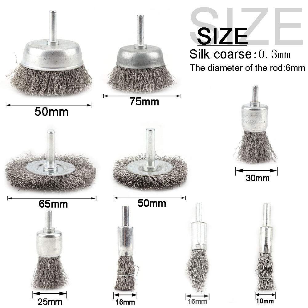 9Pcs Stainless Steel Wire Wheel & Cup Brush Set with 1/4'' Round Shank 0.0118In Coarse Crimped Carbon Steel Drill Brush for Drill Removal of