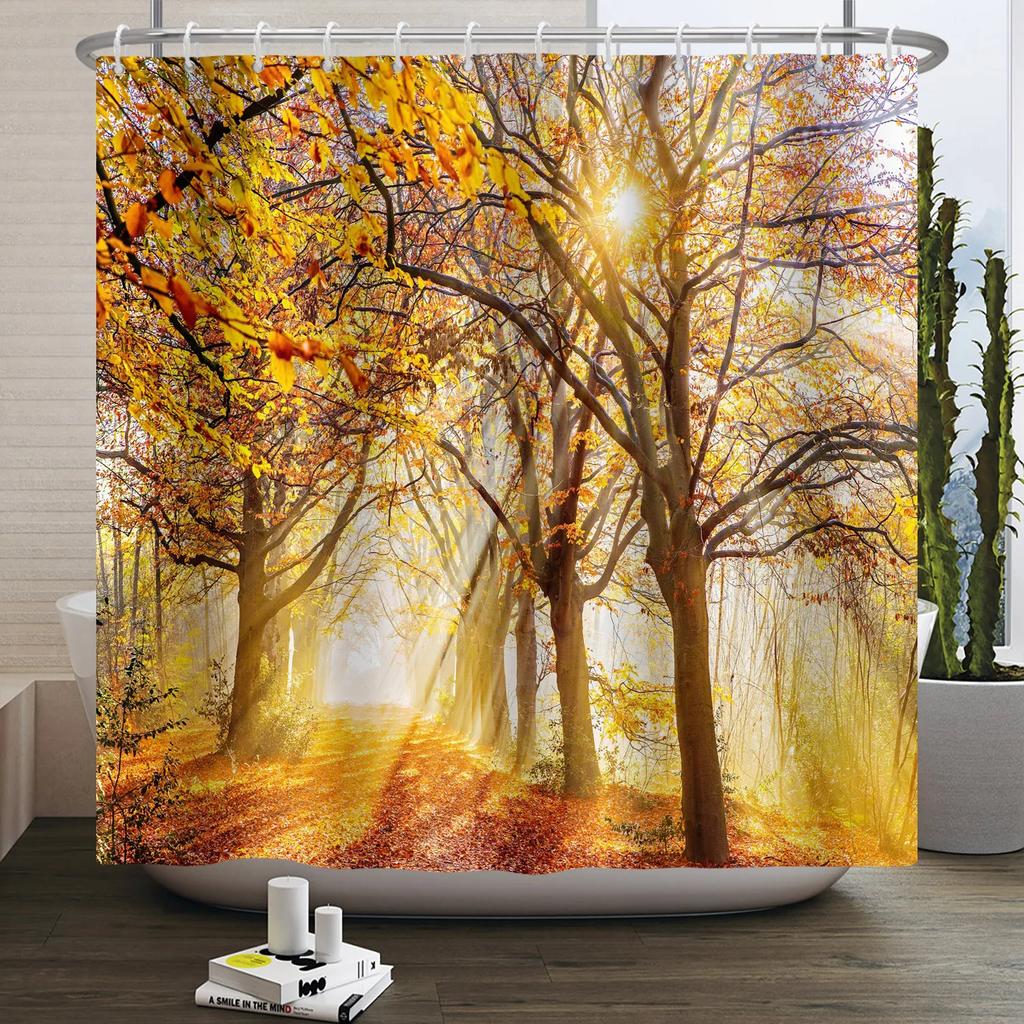 Autumn Forest Maple Shower Curtain Natural Jungle Leaves Pumpkin Fall Bathroom Shower Curtain Waterproof Shower Curtain Decor