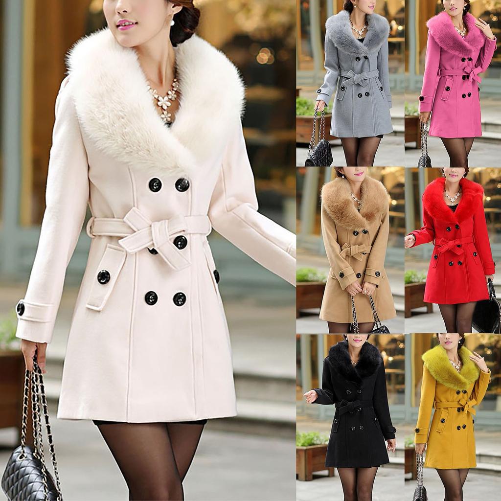 Womens Winter Lapel Wool Coat Trench Jacket Long Sleeve Overcoat Outwear