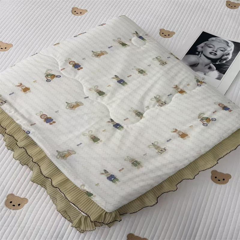 Новое милое летнее прохладное одеяло с принтом 200x230 см, приятное для кожи, одеяло для кондиционера с кружевом, мягкое шелковистое одеяло для сна без одежды