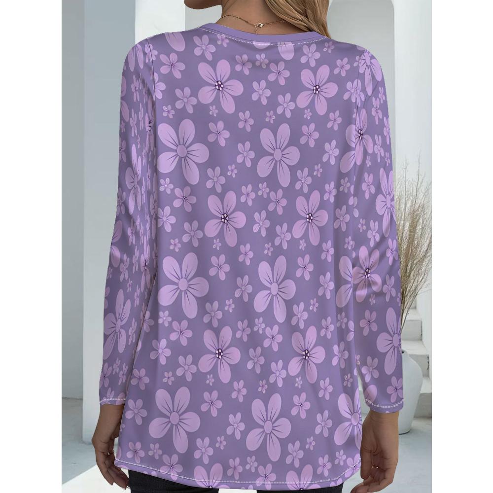 Women's Large Size with Pocket Design Purple Floral Print Loose Long Sleeve T-Shirt, Women's Casual Versatile Top