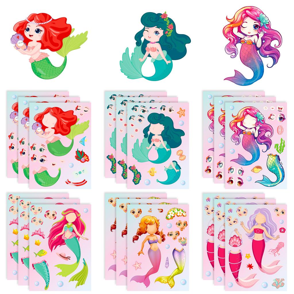 6 Photos/pack Cartoon Little Mermaid Dress and Expression Collage DIY Decorative Face Change Stickers
