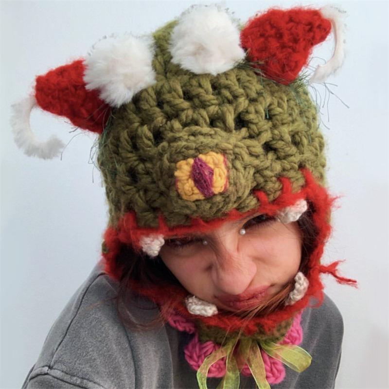 New Handmade Crocheted Striped Mixed Color Cat Ear Hat, Fashionable and Personalized Adult Hat