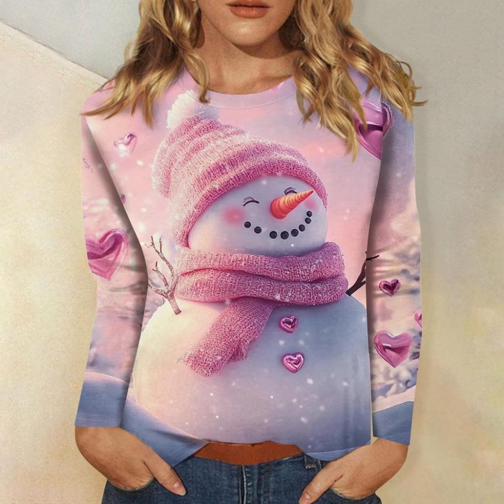 Christmas Women Sweatshirt Designer Round Neck Long Sleeve Loose Casual Christmas Snowman Fun Pattern Print Top