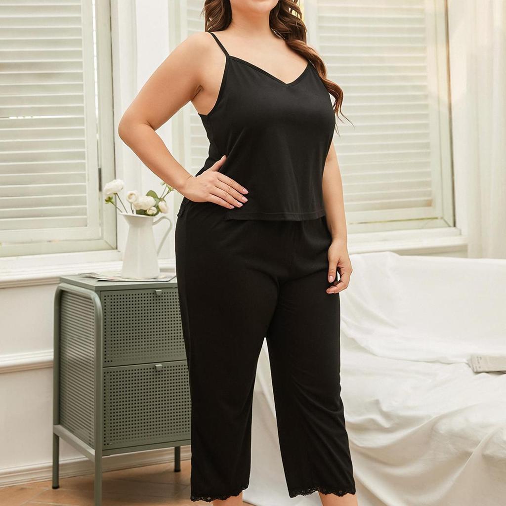 Женские спальные костюмы больших размеров, рубашка на бретельках, укороченные брюки, комплект из 2 предметов, пижамный комплект большого размера, летняя одежда для дома, домашняя одежда