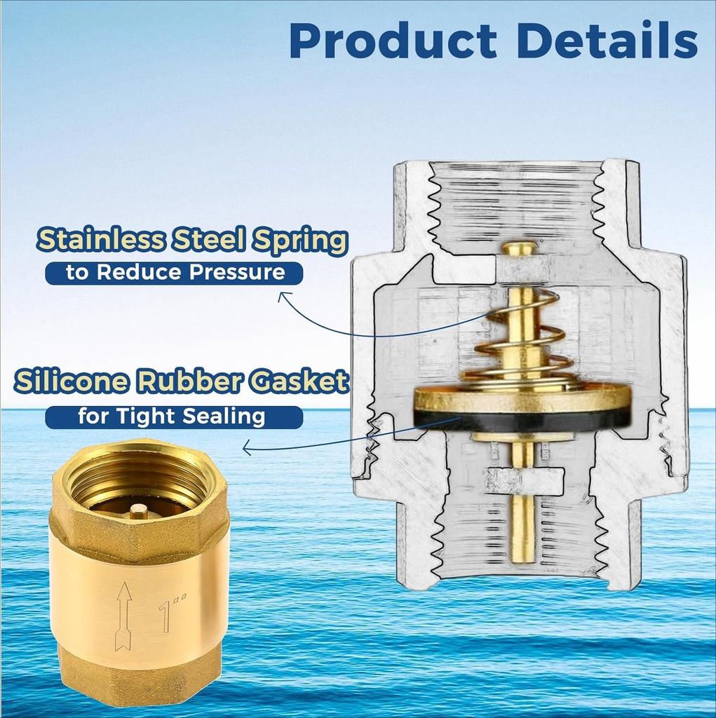 2pcs Brass Spring Check Valve 1/2 3/4 1 Inch NPT Female Thread Non Return One Way Horizontal Vertical In-Line Water Check Valve
