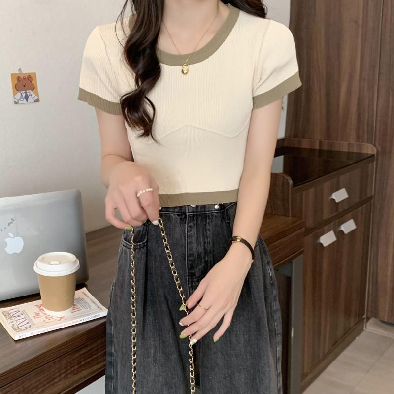 Футболка Color Clash с короткими рукавами, трикотажные короткие женские простые летние топы Sense Niche, повседневные, удобные и стильные, облегающие свитера, футболки