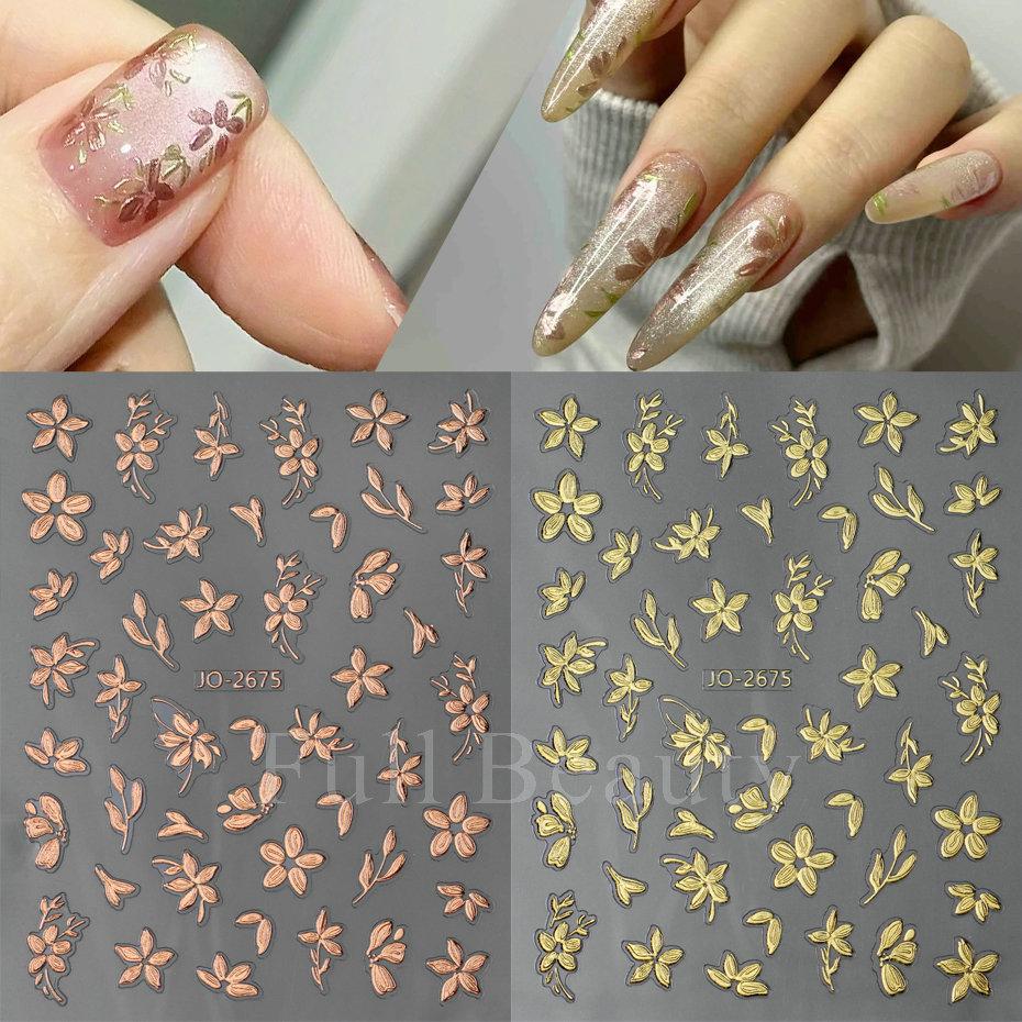 Nail Art Stickers, Imitation Hand-Painted Golden Branches, Jade Leaves, Bronzing Flowers, Flower Petals, Adhesive Nail Stickers